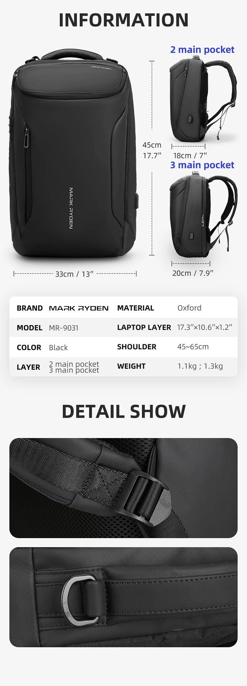 Mochila para portátil de 17 pulgadas MARK RYDEN para hombre, espaciosa mochila de viaje para desplazamientos, COMPACTO PRO