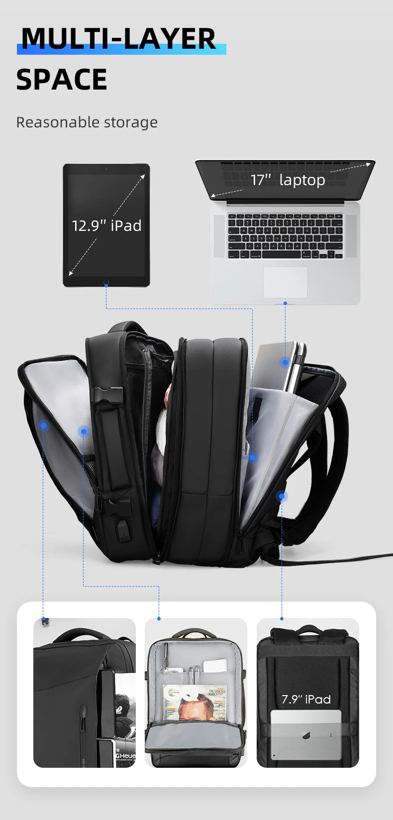 Mochila para portátil de 17 pulgadas para hombre, de negocios, de 40 l, homologada para viajar.