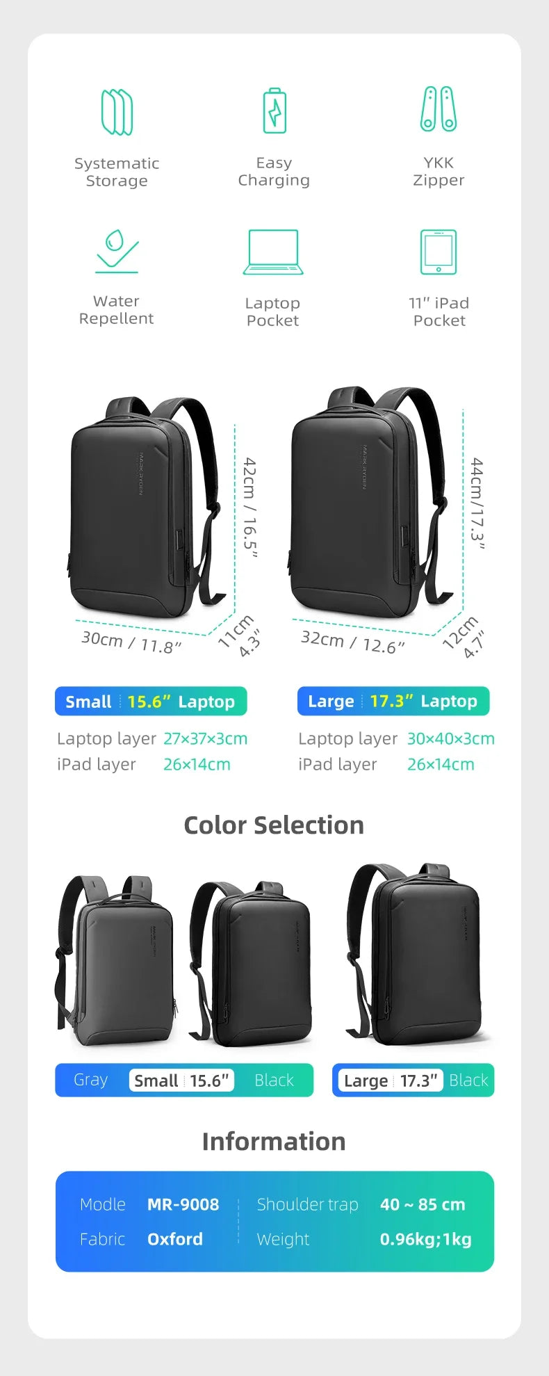 Mochila para portátil delgada Mark Ryden para hombre, estilo minimalista, con cremallera YKK, resistente a arañazos y USB.