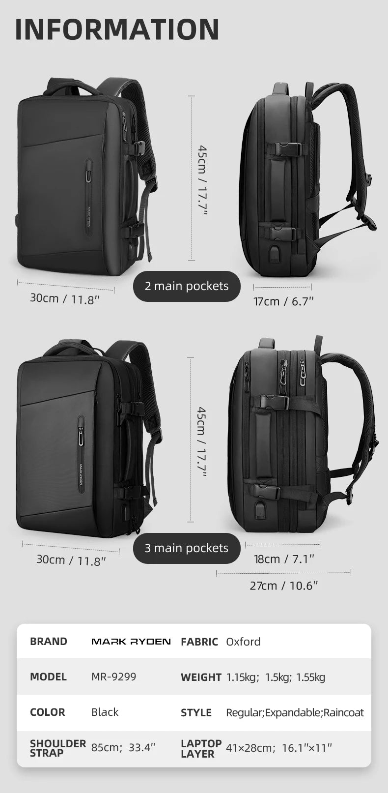 Mochila para portátil de 17 pulgadas para hombre, de negocios, de 40 l, homologada para viajar.