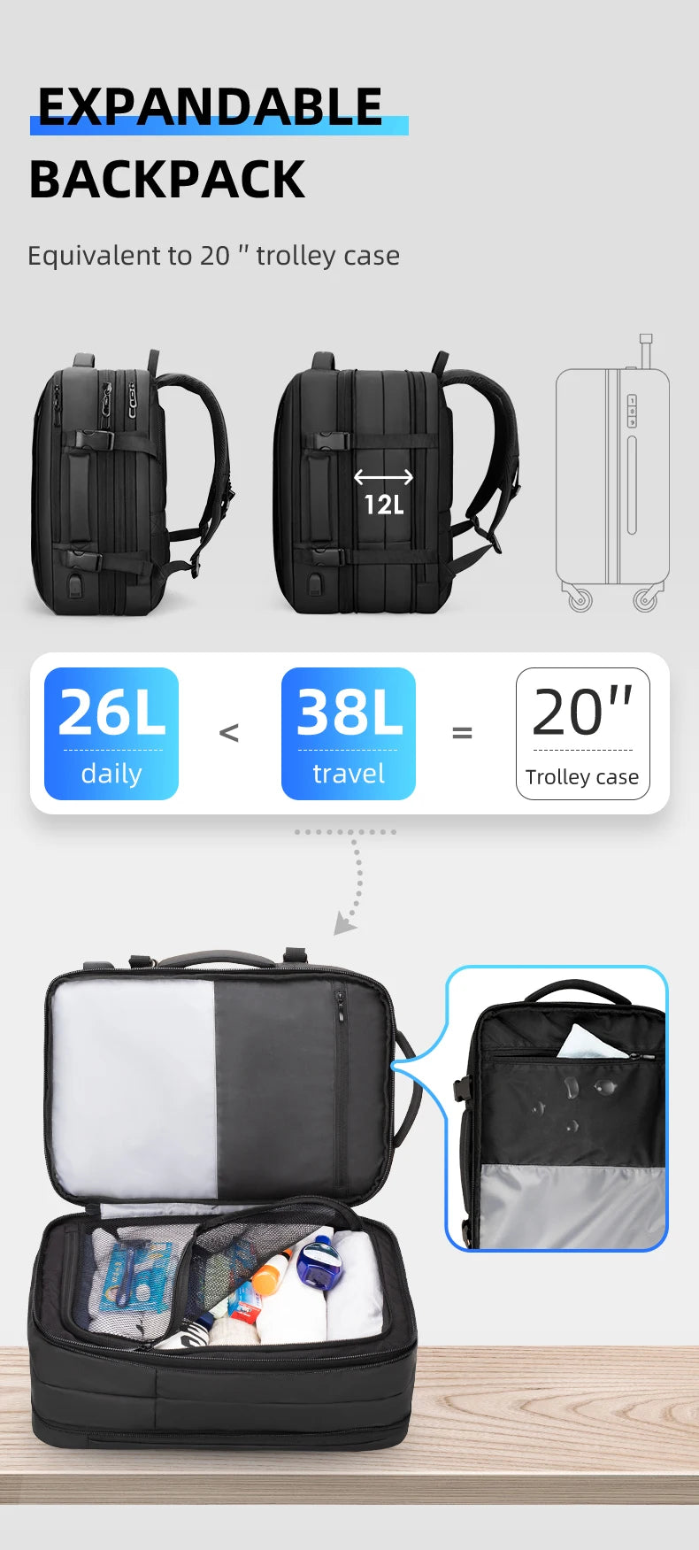Mochila para portátil de 17 pulgadas para hombre, de negocios, de 40 l, homologada para viajar.