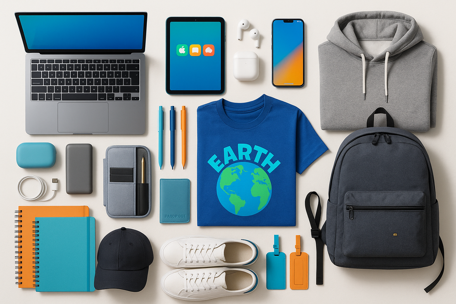 academic items like electronics, desk items, traveling, and modern wearing like t-shirts