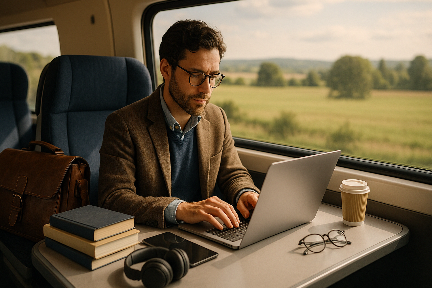 image of an academic traveling on train with a laptop and a bag and some other academic gadget at a ratio of 16:9