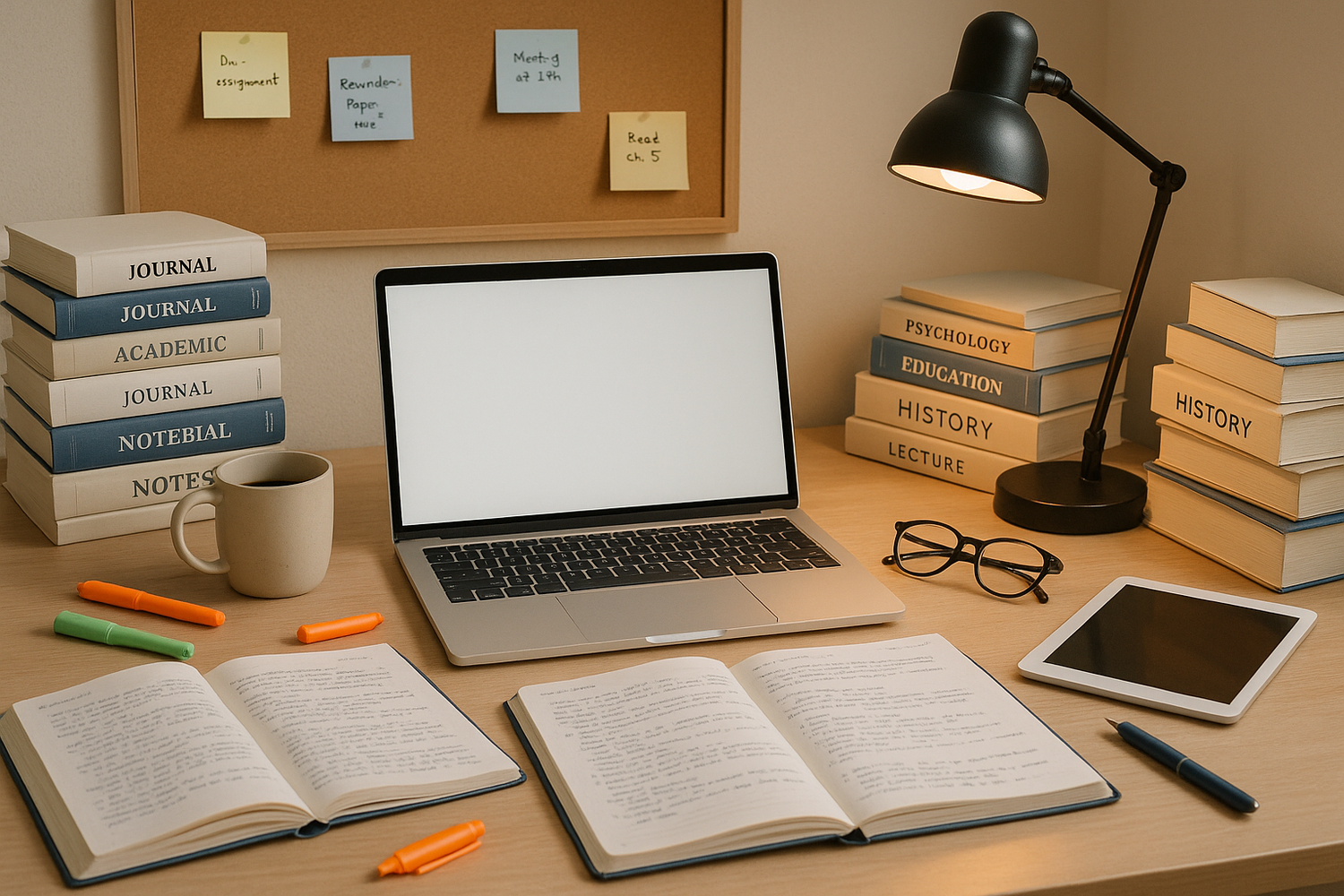 modern desktop full of academic stuffs